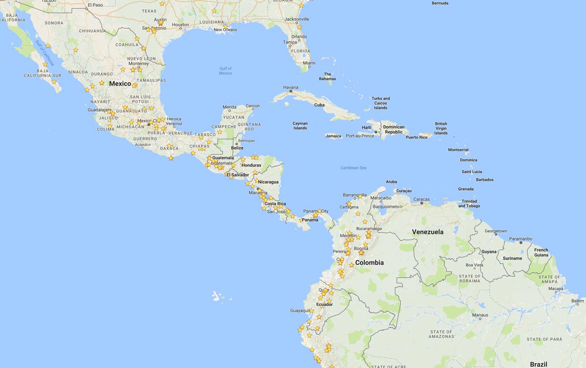 Google Map POI. Each star represents a city, motel, or garage.
